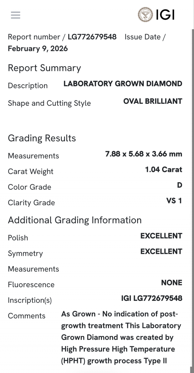Lab-grown Ovaal Solitair ring 1.04crt